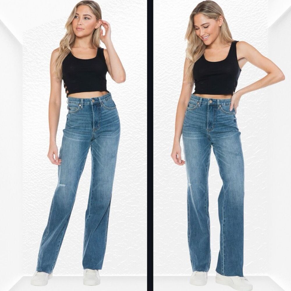 Judy Blue High Rise Tummy Control Straight Jeans Raw Hem Medium Wash NWT